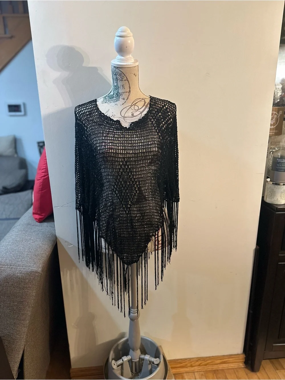 Reaction Kenneth Cole Black Crochet Fringe Poncho Shawl